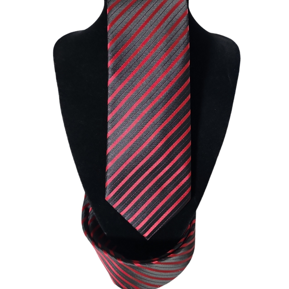 Alfani Red Black Stripe Skinny Necktie - Picture 4 of 4